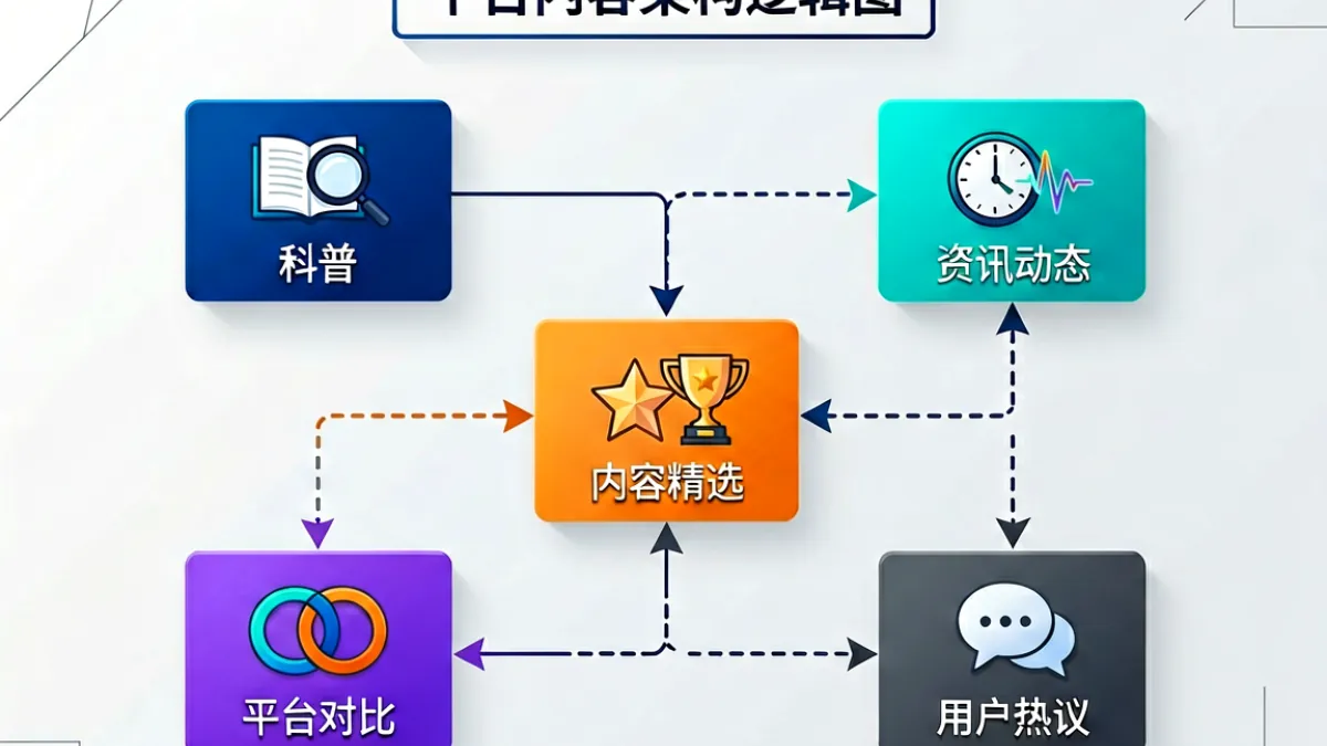 展示六月婷婷啪啪各栏目内容架构图，包括科普、资讯、精选、对比和问答五个模块的关系示意